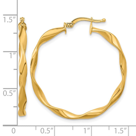 14k Yellow Gold Polished and Twisted Medium Round Hoop Earrings