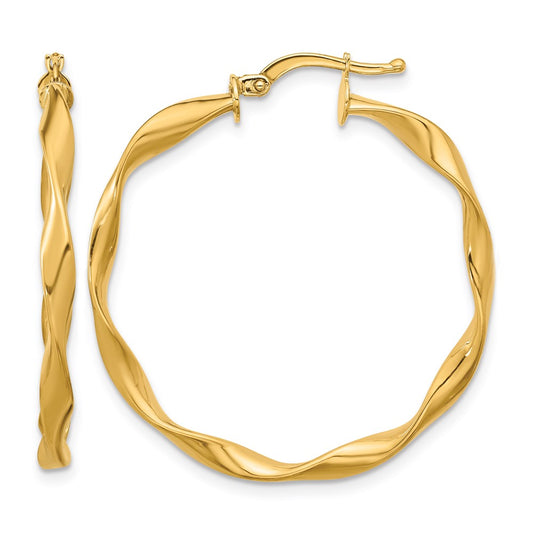 14k Yellow Gold Polished and Twisted Medium Round Hoop Earrings