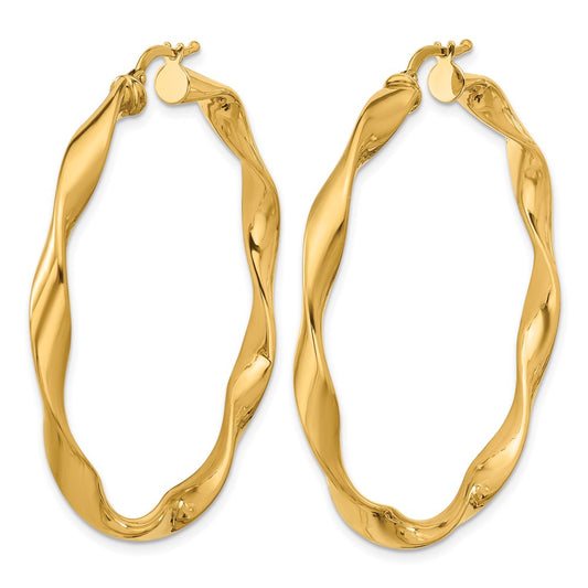 14k Yellow Gold Polished and Twisted Large Round Hoop Earrings