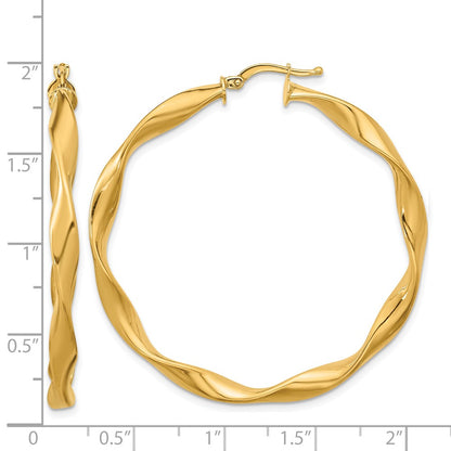14k Yellow Gold Polished and Twisted Large Round Hoop Earrings