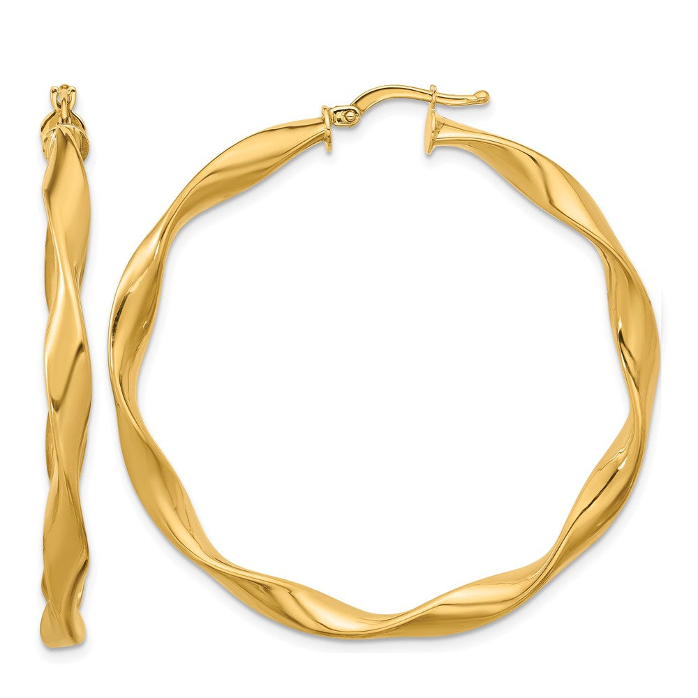 14k Yellow Gold Polished and Twisted Large Round Hoop Earrings