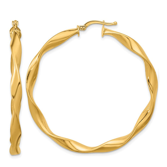 14k Yellow Gold Polished and Twisted Large Round Hoop Earrings