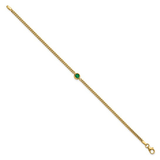 14K Yellow Gold Round Emerald Curb Link Chain Bracelet 7.25"