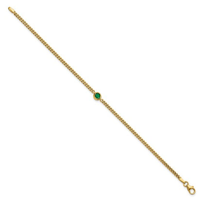 14K Yellow Gold Round Emerald Curb Link Chain Bracelet 7.25"