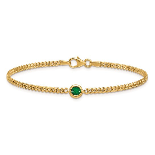 14K Yellow Gold Round Emerald Curb Link Chain Bracelet 7.25"