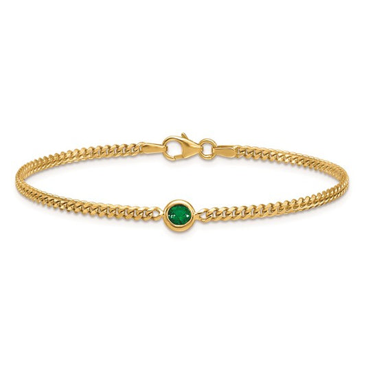 14K Yellow Gold Round Emerald Curb Link Chain Bracelet 7.25"