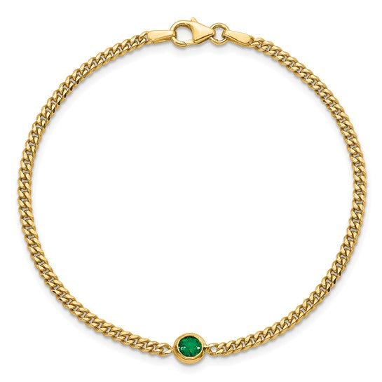 14K Yellow Gold Round Emerald Curb Link Chain Bracelet 7.25"