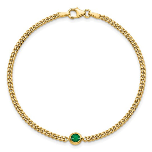 14K Yellow Gold Round Emerald Curb Link Chain Bracelet 7.25"