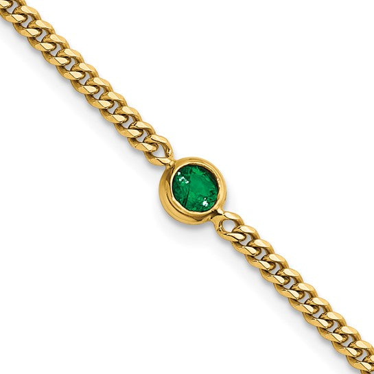 14K Yellow Gold Round Emerald Curb Link Chain Bracelet 7.25"