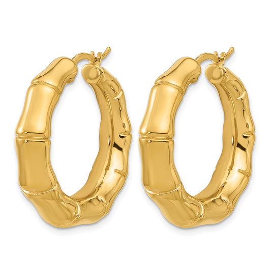 14k Yellow Gold Polished Graduated Bamboo Round Hoop Earrings