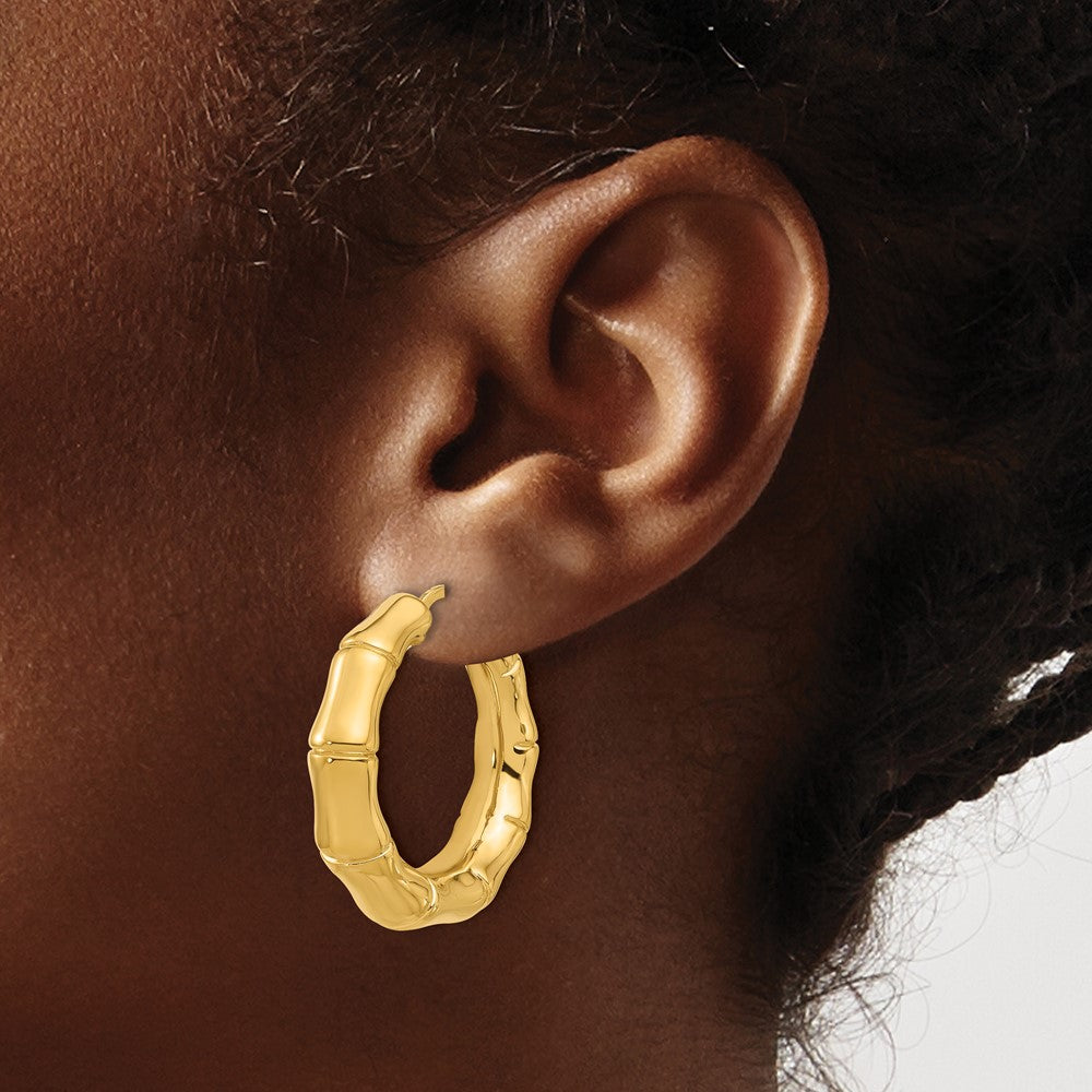 14k Yellow Gold Polished Graduated Bamboo Round Hoop Earrings