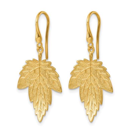 14k Yellow Gold Polished Brushed and Textured Maple Leaf Shephard Hook Dangle Earrings