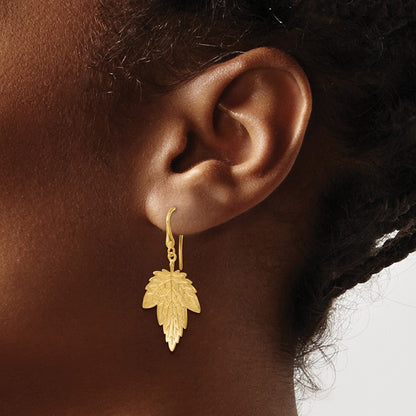 14k Yellow Gold Polished Brushed and Textured Maple Leaf Shephard Hook Dangle Earrings