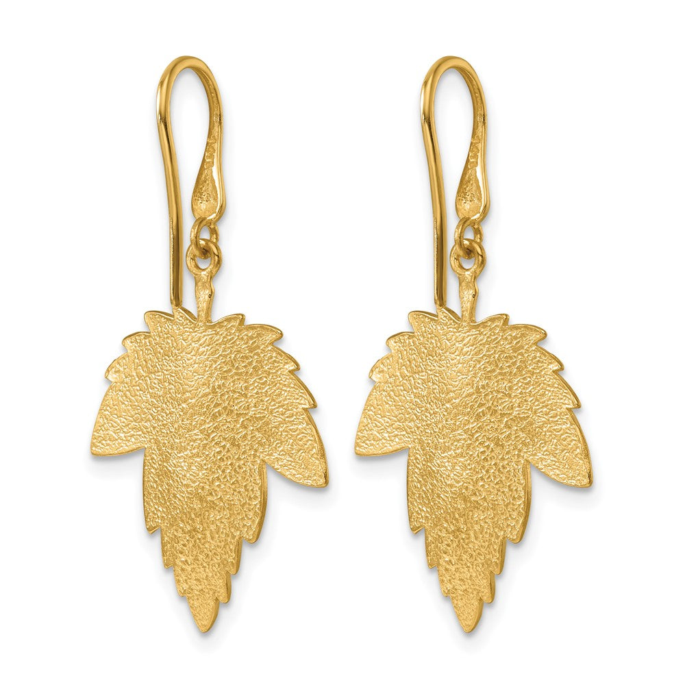 14k Yellow Gold Polished Brushed and Textured Maple Leaf Shephard Hook Dangle Earrings