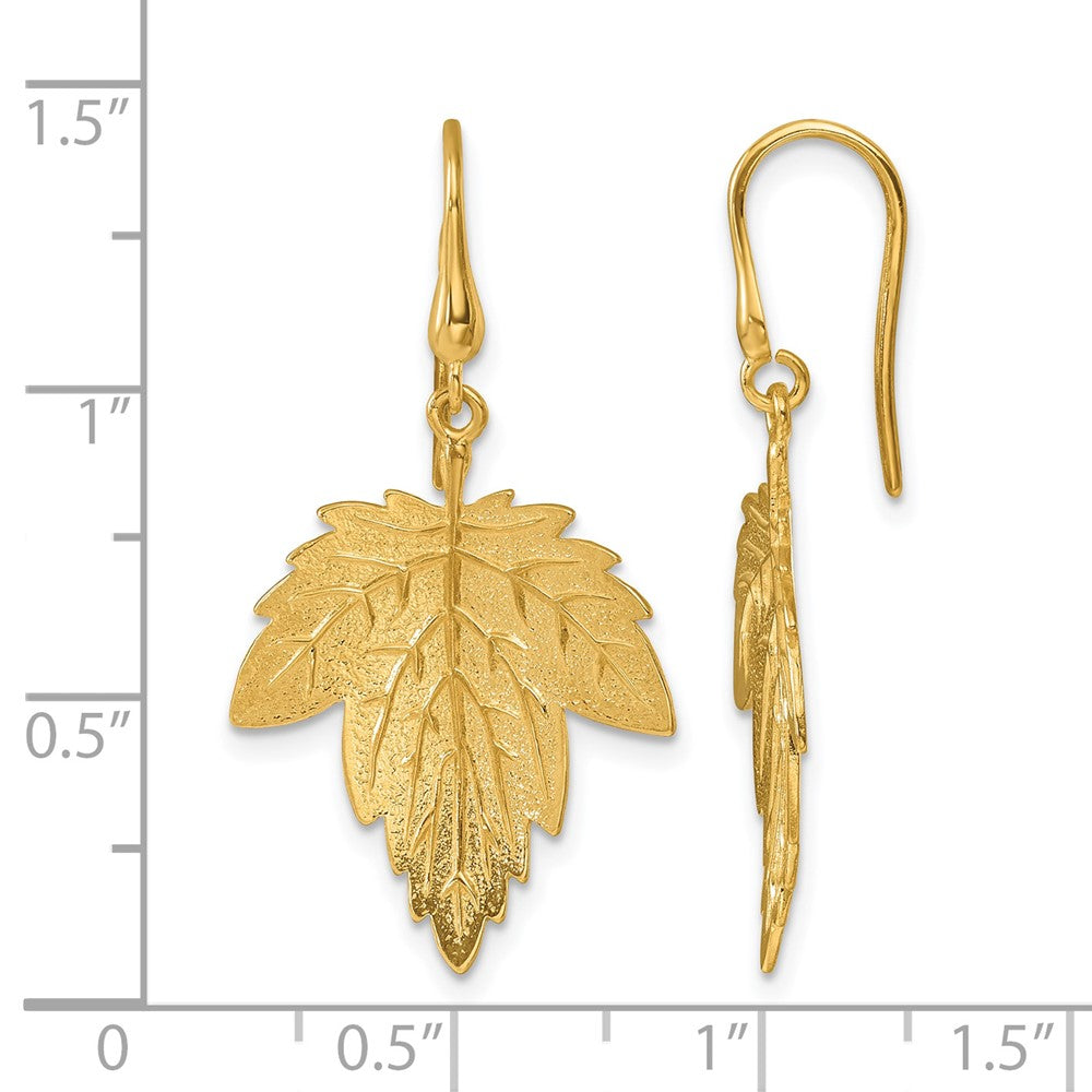 14k Yellow Gold Polished Brushed and Textured Maple Leaf Shephard Hook Dangle Earrings