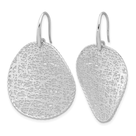 14K White Gold Rhodium-plated Polished Brushed and Textured Wavy Circle Shephard Hook Dangle Earrings