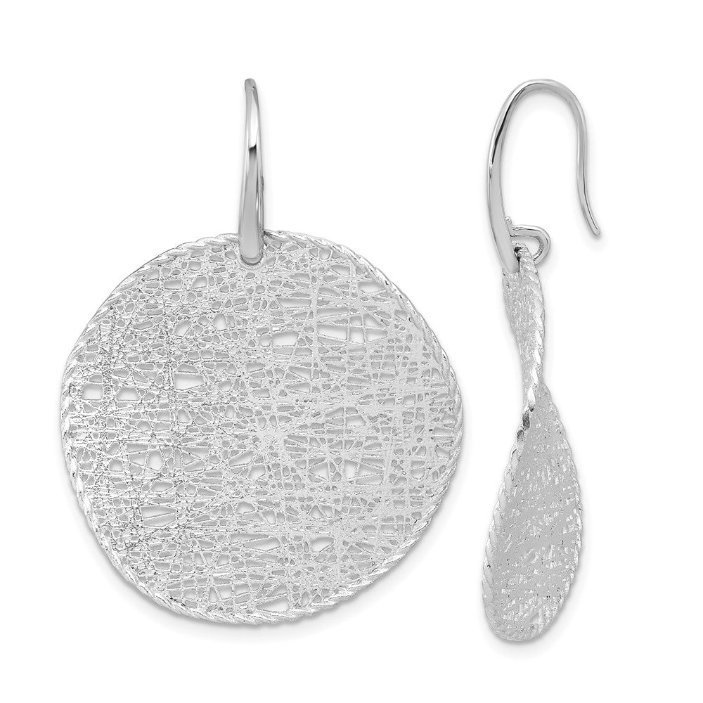 14K White Gold Rhodium-plated Polished Brushed and Textured Wavy Circle Shephard Hook Dangle Earrings