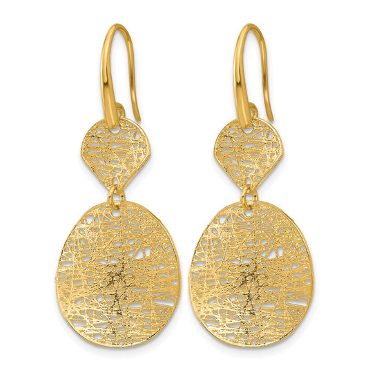 14k Yellow Gold Polished Brushed and Textured Fancy Shephard Hook Dangle Earrings
