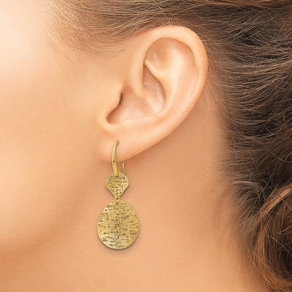 14k Yellow Gold Polished Brushed and Textured Fancy Shephard Hook Dangle Earrings