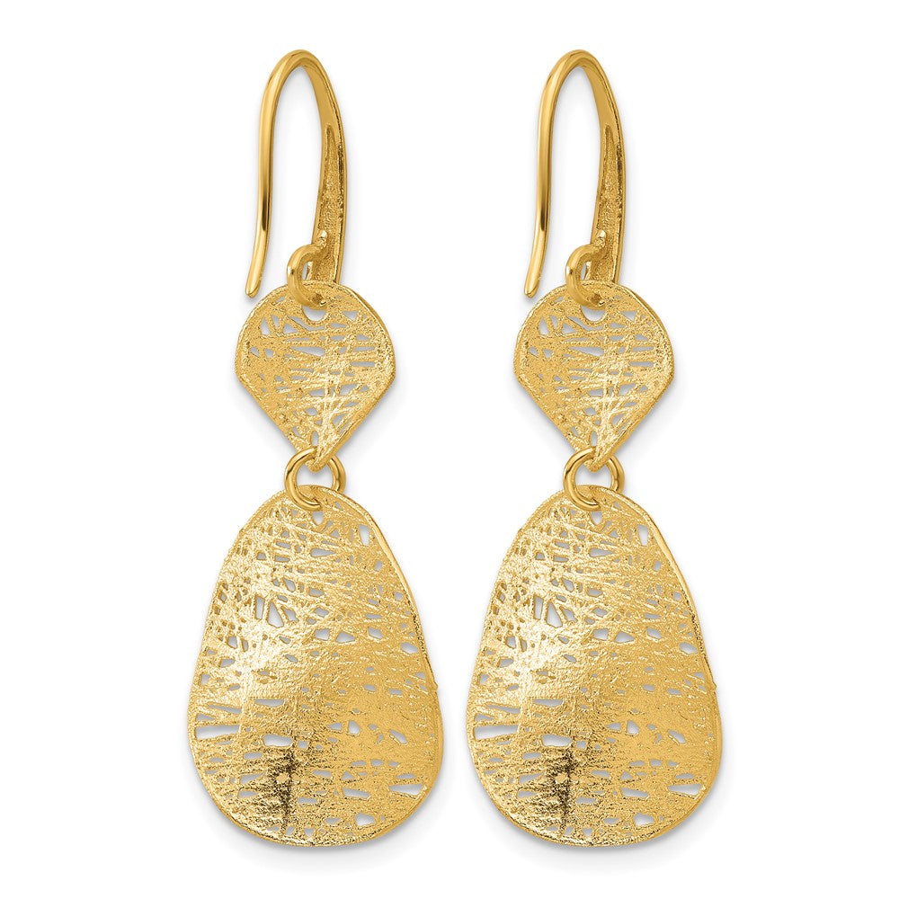 14k Yellow Gold Polished Brushed and Textured Fancy Shephard Hook Dangle Earrings