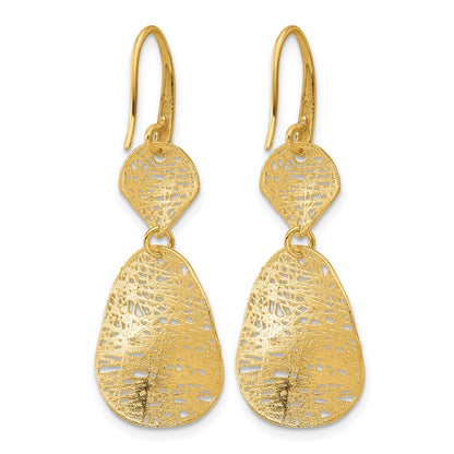 14k Yellow Gold Polished Brushed and Textured Fancy Shephard Hook Dangle Earrings