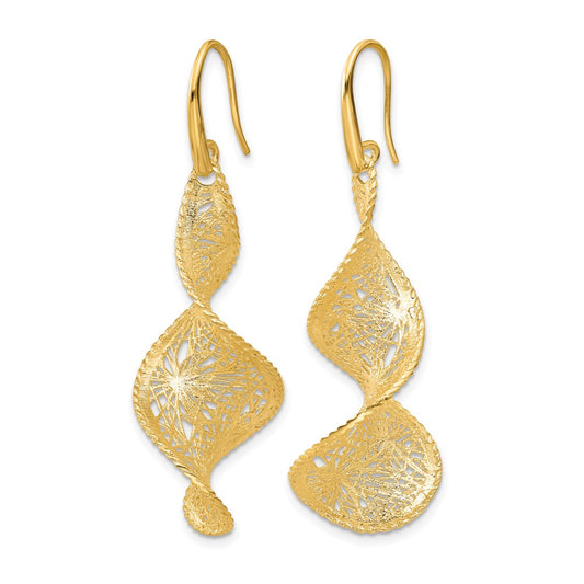14k Yellow Gold Polished Brushed and Textured Fancy Swirl Shephard Hook Dangle Earrings