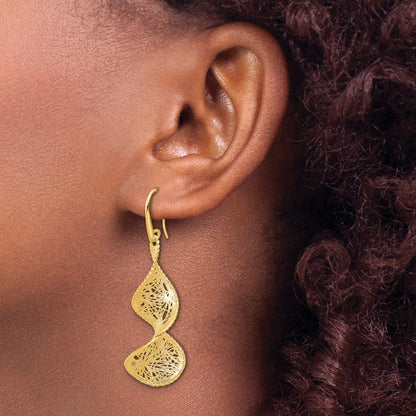 14k Yellow Gold Polished Brushed and Textured Fancy Swirl Shephard Hook Dangle Earrings