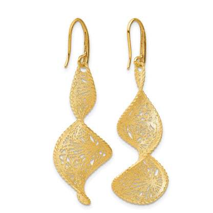 14k Yellow Gold Polished Brushed and Textured Fancy Swirl Shephard Hook Dangle Earrings