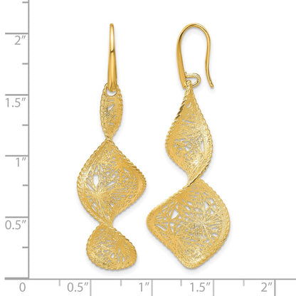 14k Yellow Gold Polished Brushed and Textured Fancy Swirl Shephard Hook Dangle Earrings