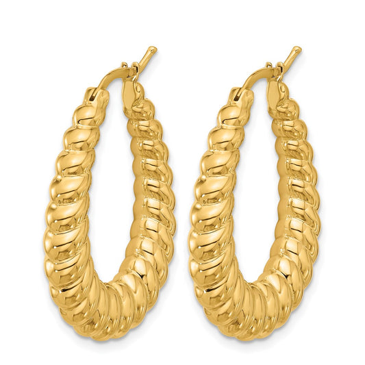14k Yellow Gold Polished and Grooved Graduated Oval Hoop Earrings