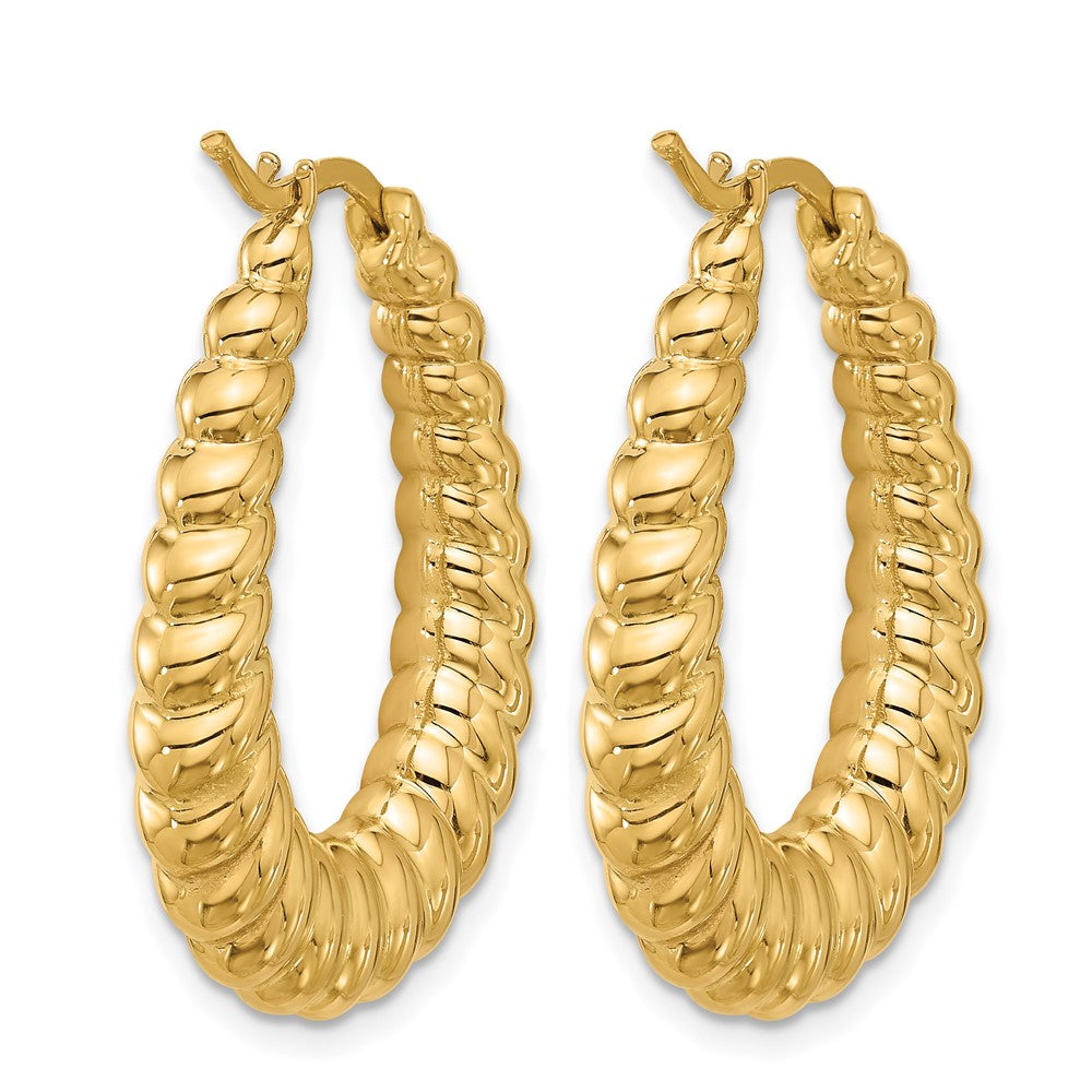 14k Yellow Gold Polished and Grooved Graduated Oval Hoop Earrings