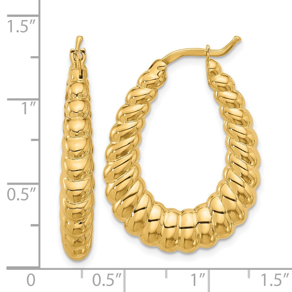 14k Yellow Gold Polished and Grooved Graduated Oval Hoop Earrings