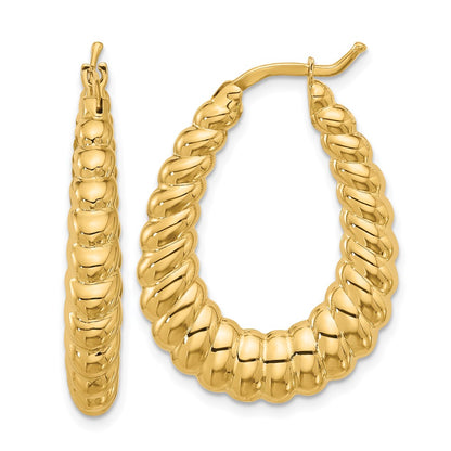 14k Yellow Gold Polished and Grooved Graduated Oval Hoop Earrings
