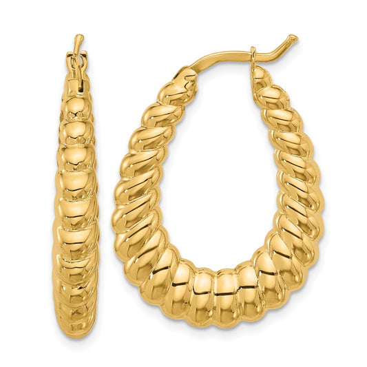 14k Yellow Gold Polished and Grooved Graduated Oval Hoop Earrings