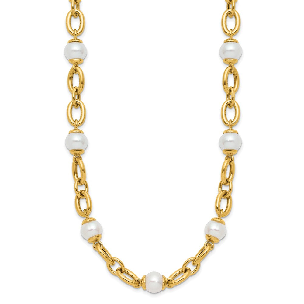 14k Yellow Gold Polished Freshwater Cultured Pearl Fancy Link 18 inch Necklace