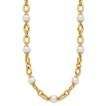 14k Yellow Gold Polished Freshwater Cultured Pearl Fancy Link 18 inch Necklace