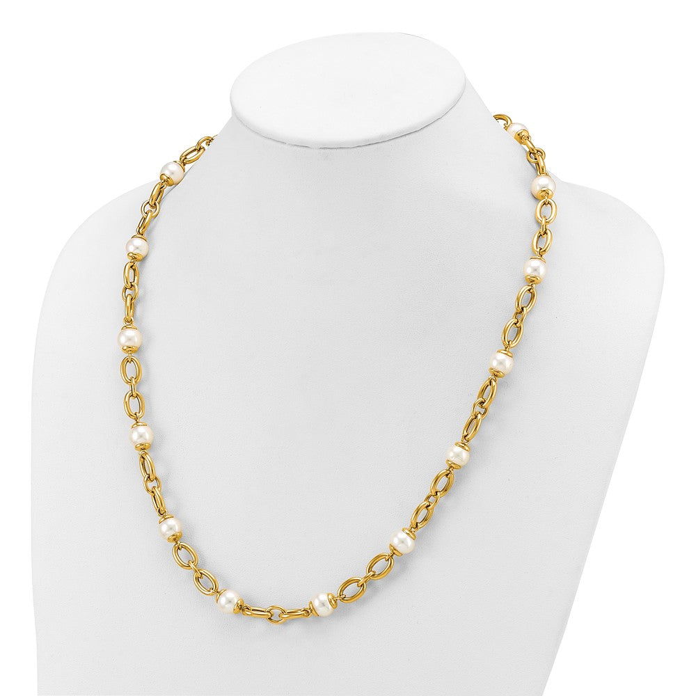 14k Yellow Gold Polished Freshwater Cultured Pearl Fancy Link 18 inch Necklace