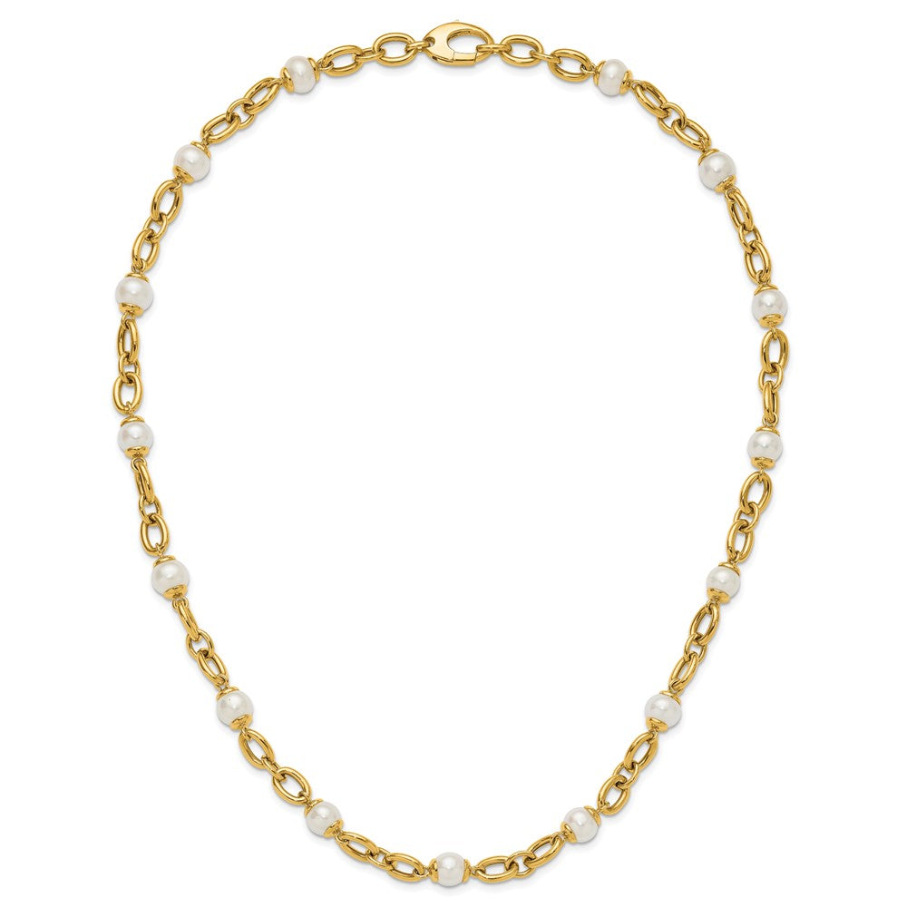 14k Yellow Gold Polished Freshwater Cultured Pearl Fancy Link 18 inch Necklace