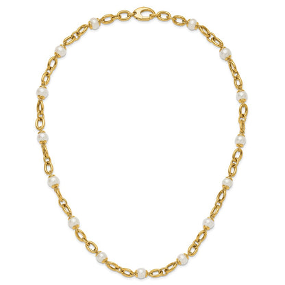 14k Yellow Gold Polished Freshwater Cultured Pearl Fancy Link 18 inch Necklace