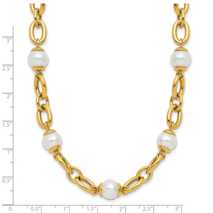 14k Yellow Gold Polished Freshwater Cultured Pearl Fancy Link 18 inch Necklace