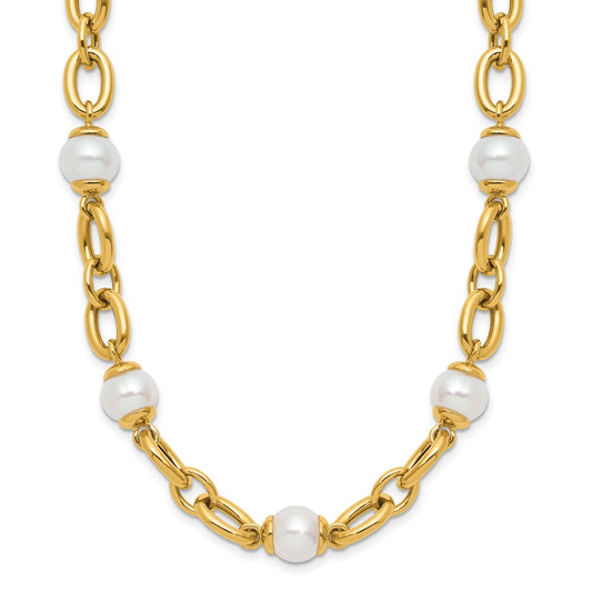 14k Yellow Gold Polished Freshwater Cultured Pearl Fancy Link 16.5in Necklace
