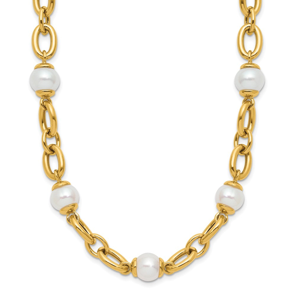 14k Yellow Gold Polished Freshwater Cultured Pearl Fancy Link 18 inch Necklace