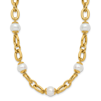 14k Yellow Gold Polished Freshwater Cultured Pearl Fancy Link 18 inch Necklace