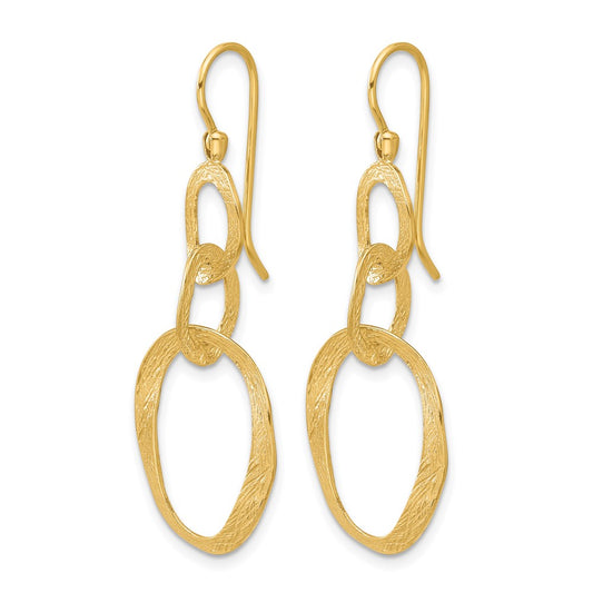 14k Yellow Gold Polished and Textured Oval Shepard Hook Dangle Earrings