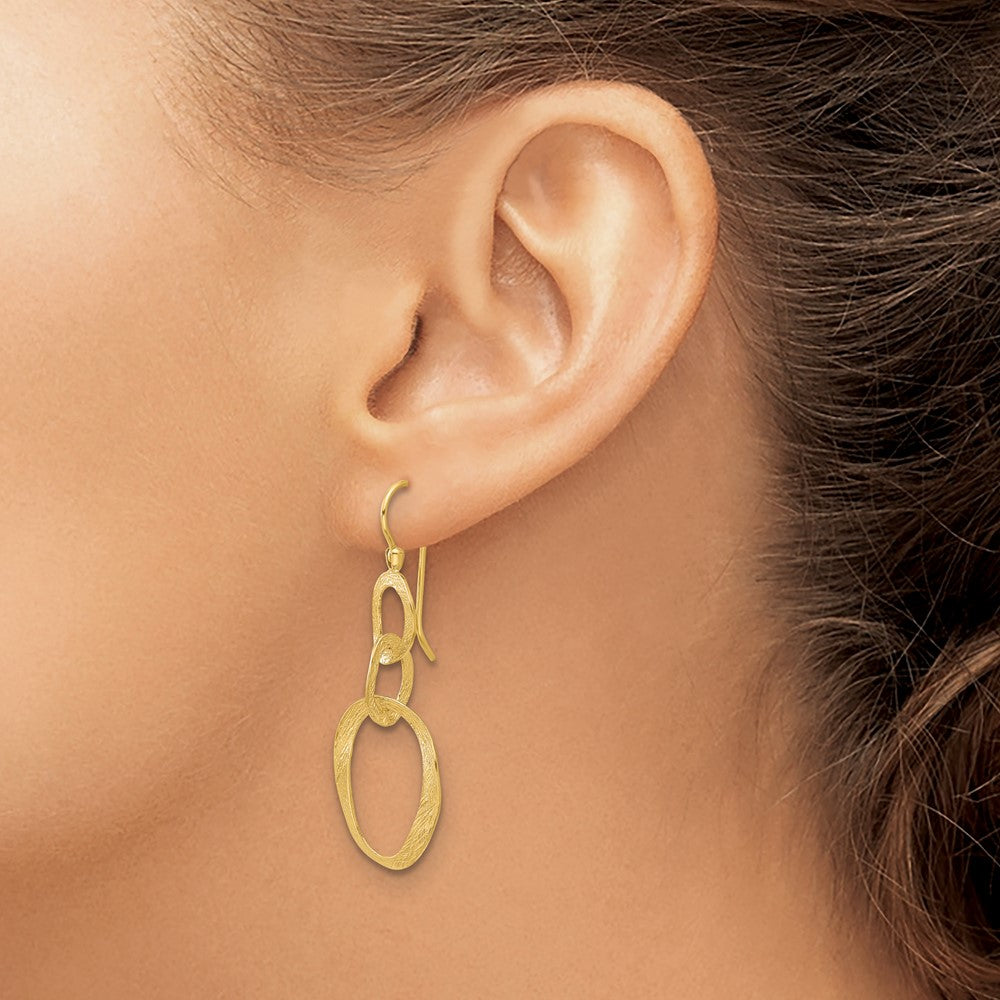 14k Yellow Gold Polished and Textured Oval Shepard Hook Dangle Earrings