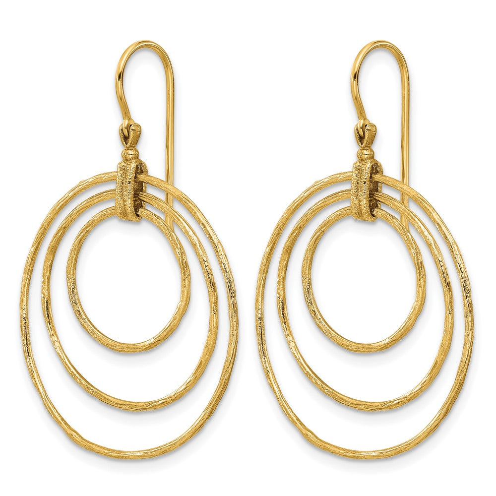 14k Yellow Gold Polished and Textured Triple Circle Shephard Hook Dangle Earrings