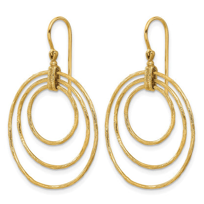 14k Yellow Gold Polished and Textured Triple Circle Shephard Hook Dangle Earrings