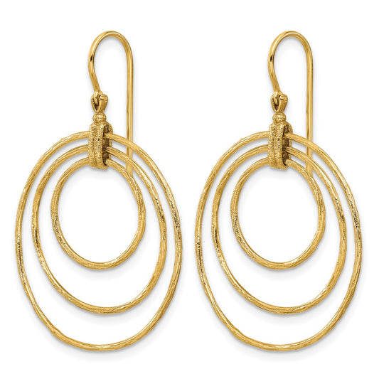 14k Yellow Gold Polished and Textured Triple Circle Shephard Hook Dangle Earrings