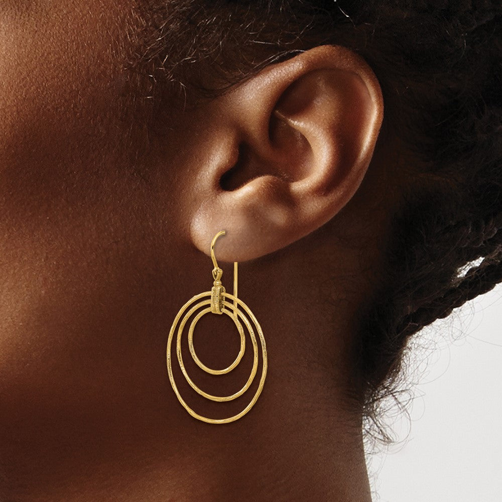 14k Yellow Gold Polished and Textured Triple Circle Shephard Hook Dangle Earrings