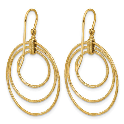 14k Yellow Gold Polished and Textured Triple Circle Shephard Hook Dangle Earrings